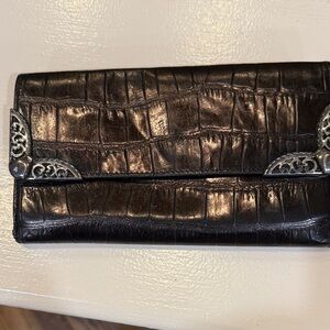 Brighton Leather Black Croc-Embossed Leather Clutch with Silver Accents